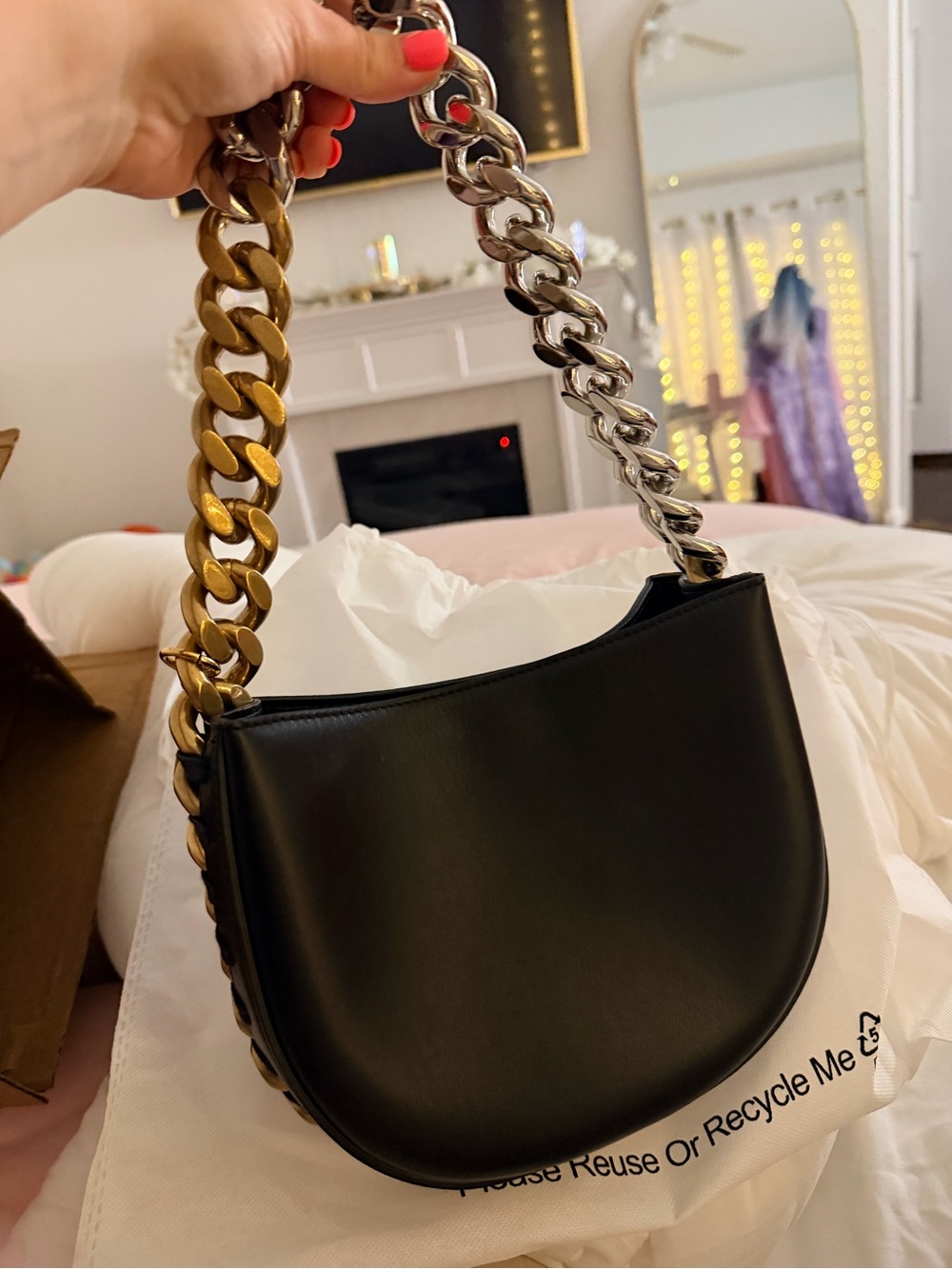 Stella McCartney Black Shoulder Bag with Two-Tone Chain Strap